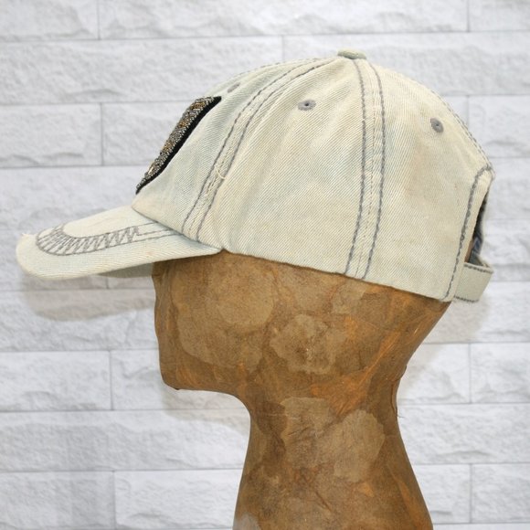 Trucker Hat Baseball Cap Distressed Faded Denim Beaded Metallic Patch Vintage - Picture 2 of 14